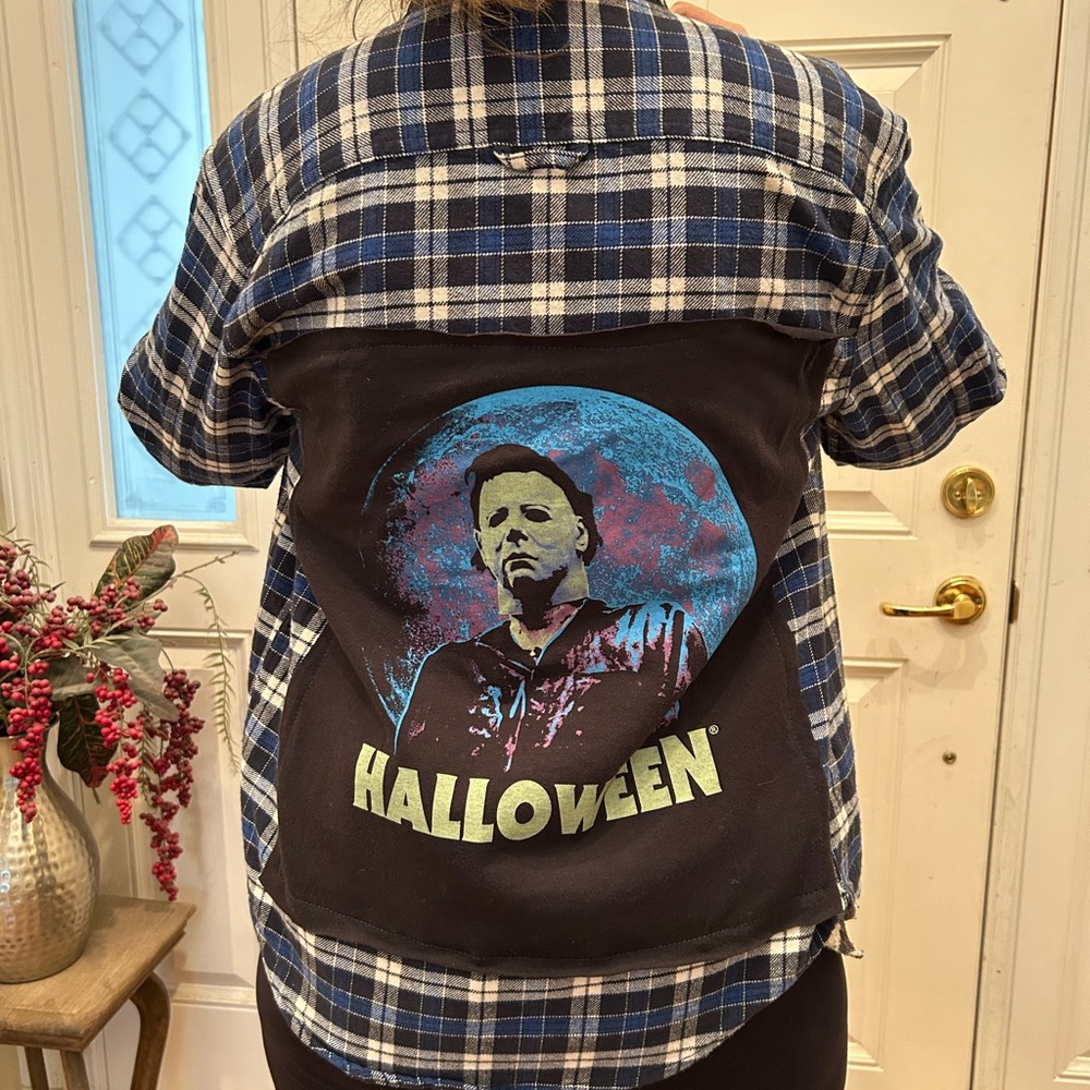RAINFOREST Blue Plaid Upcycled Flannel Halloween Shirt Michael Graphic